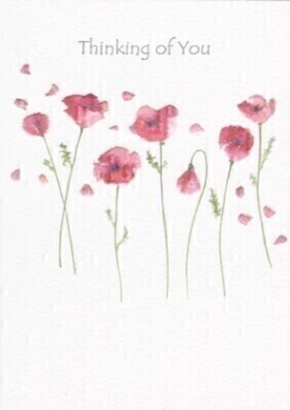 This blank greetings card features red poppies on a white background and Thinking Of You written in silver on the front. Designed by Avocado Designs.  This card is perfect to send to someone for any occasion and has been left blank inside so you can write your own message. It comes complete with a white envelope and is a lovely card from Paper Rose.